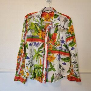 Lucky & Coco Womens Tropical Jungle Tiger Print Cotton Button Down Shirt Medium